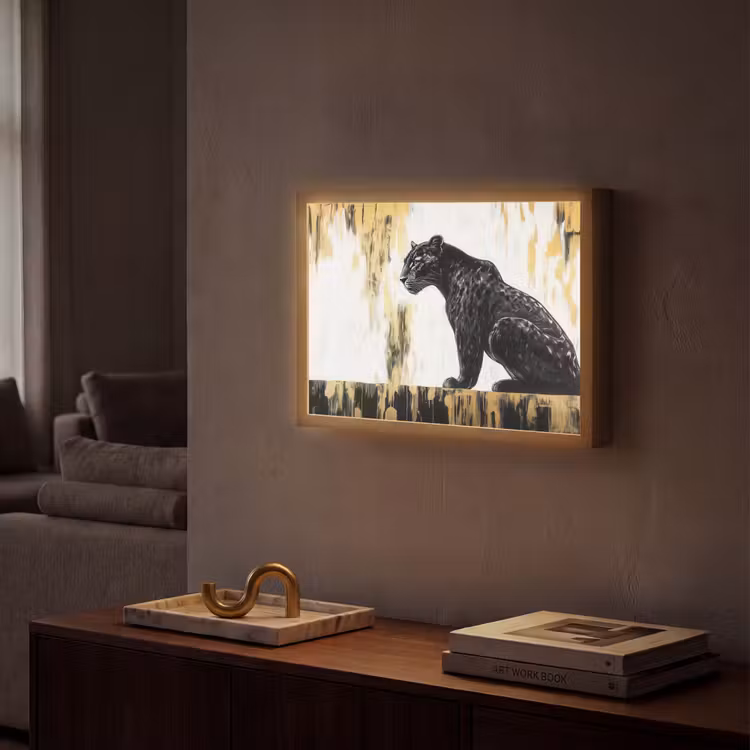Panter - Zwart - Abstract - Goud Light Box met batterij (Wandlamp) middel -sfeer1