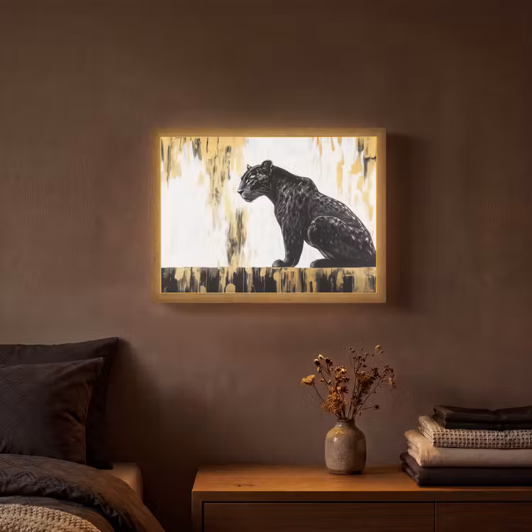 Panter - Zwart - Abstract - Goud Light Box met batterij (Wandlamp) middel -sfeer4