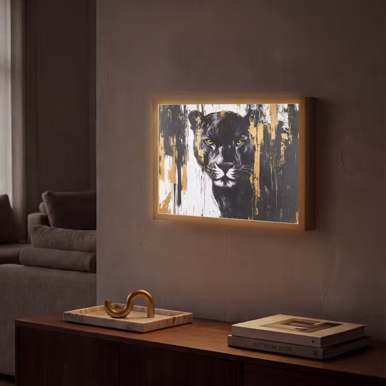 Panter - Zwart - Abstract - Verfstreken Light Box met batterij (Wandlamp) middel -sfeer1