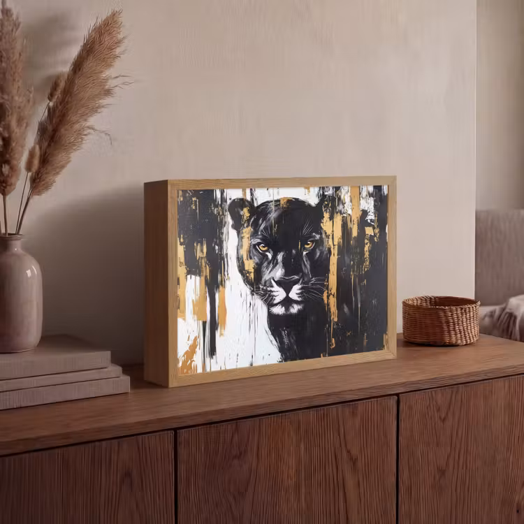 Panter - Zwart - Abstract - Verfstreken Light Box met batterij (Wandlamp) middel -sfeer2