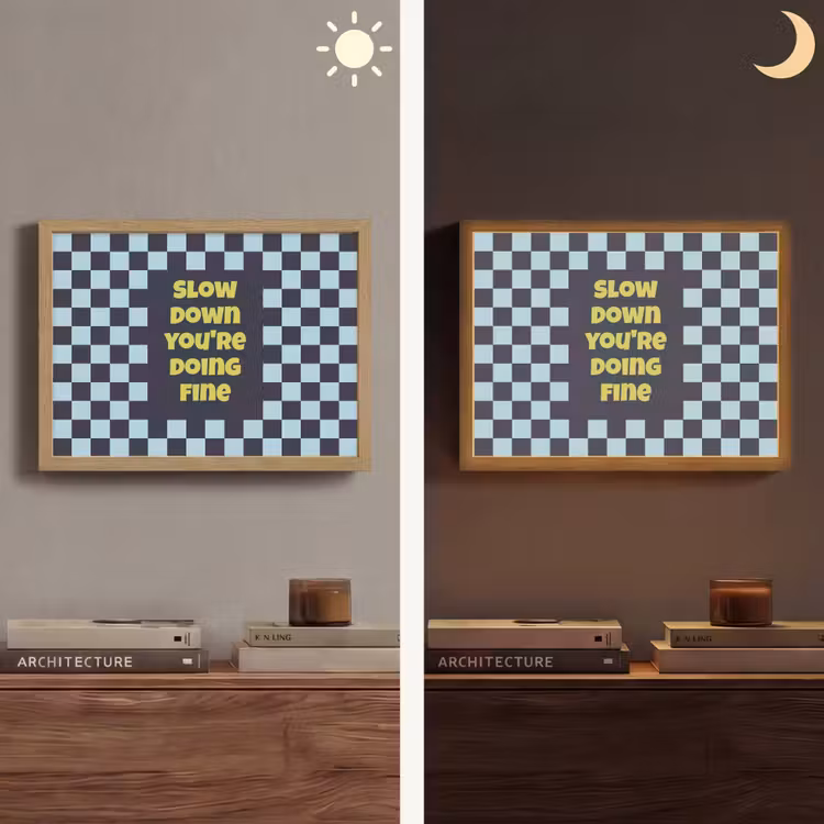 Patroon - Geblok - Blauw - Slow down you're doing fine Light Box met batterij (Wandlamp) middel -sfeer3