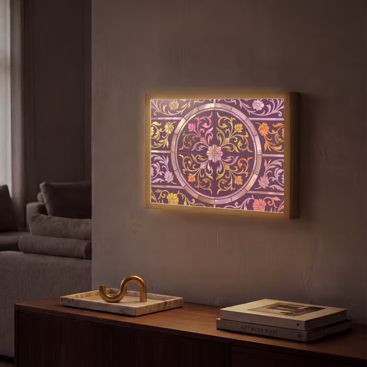 Patroon - Floraal - Oosters - Paars - Goud Light Box met batterij (Wandlamp) middel -sfeer1