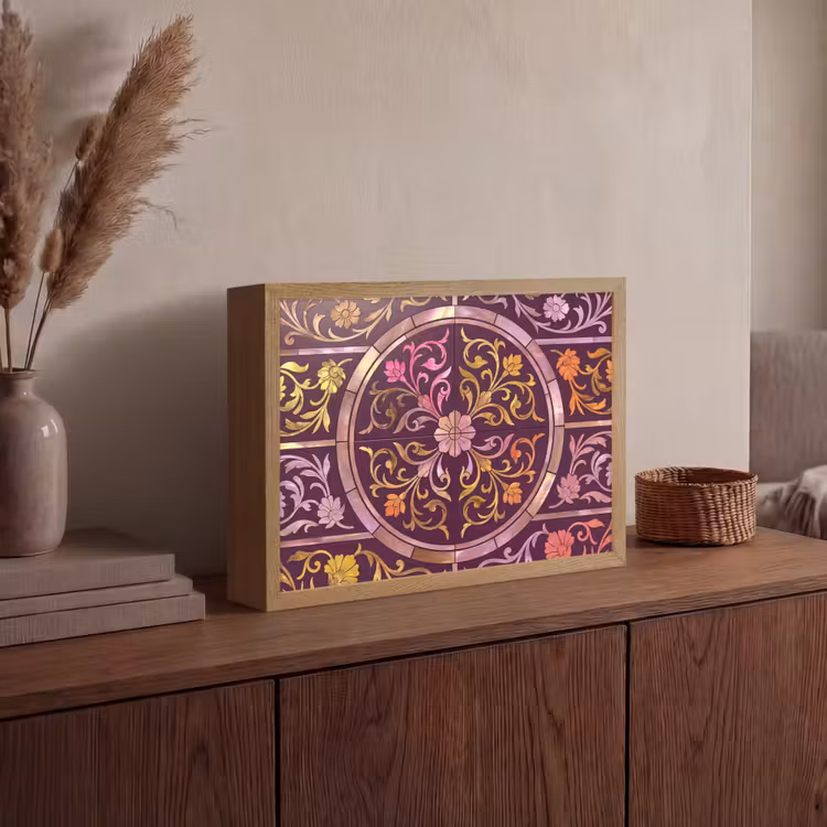 Patroon - Floraal - Oosters - Paars - Goud Light Box met batterij (Wandlamp) middel -sfeer2