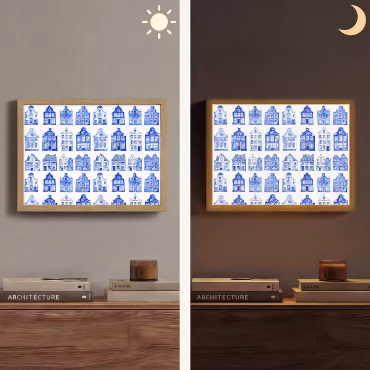 Patroon - Huizen - Blauw Light Box met batterij (Wandlamp) middel 907 -sfeer3