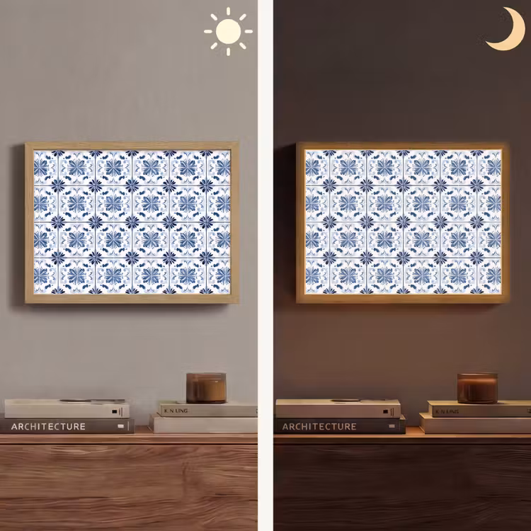 Patroon - Tegel - Blauw Light Box met batterij (Wandlamp) middel 907 -sfeer3