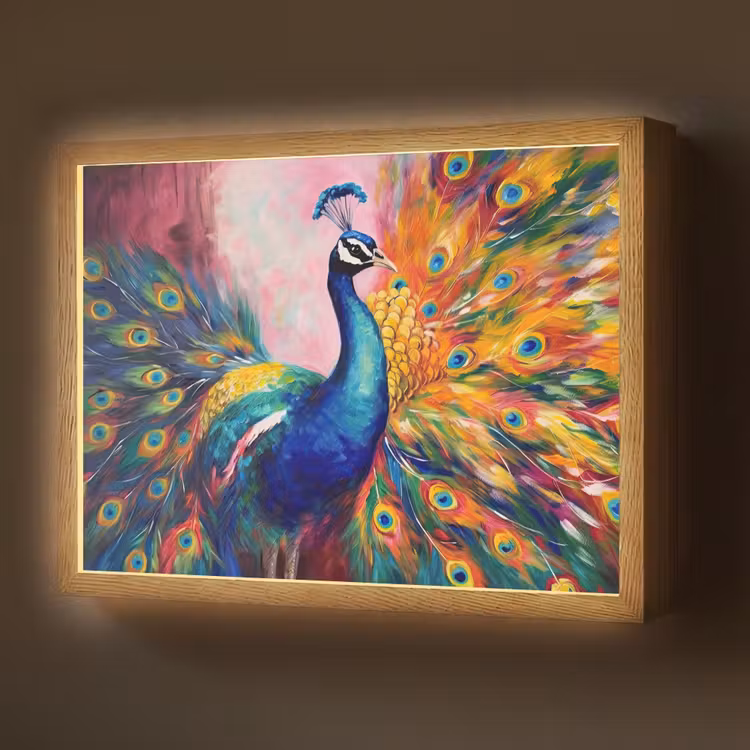 Pauw - Dieren - Schilderij - Regenboog Light Box met batterij (Wandlamp) middel -z3d_website