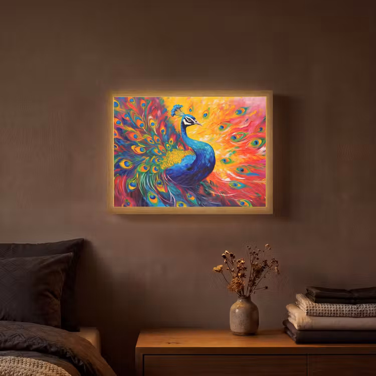 Pauw - Kunst - Schilderij - Pauwenveren Light Box met batterij (Wandlamp) middel -sfeer4