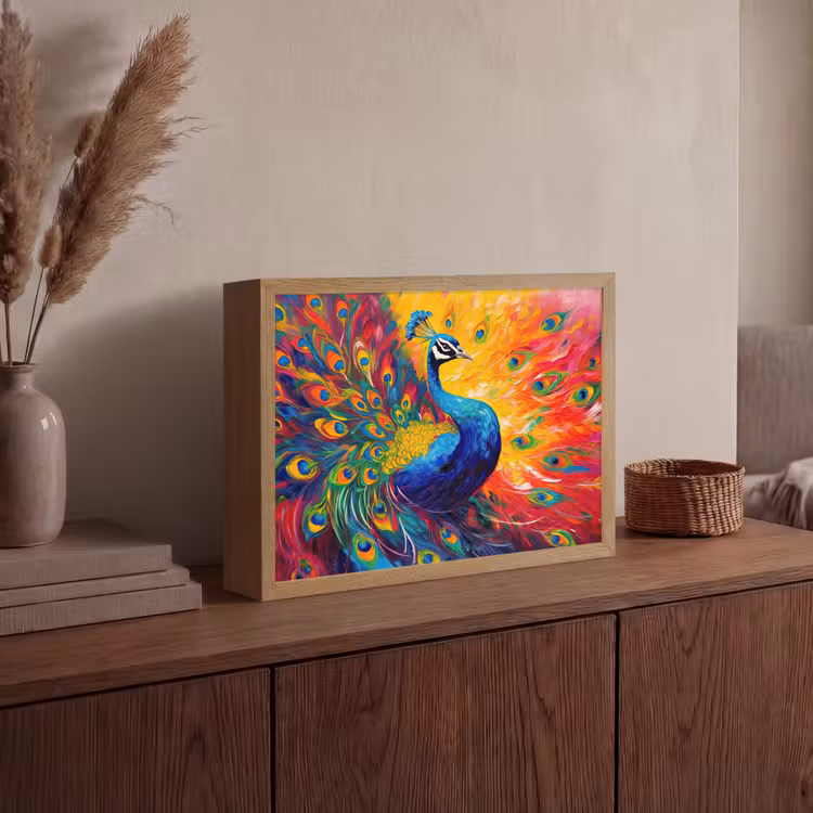 Pauw - Kunst - Schilderij - Pauwenveren Light Box met batterij (Wandlamp) middel -sfeer2