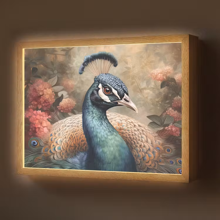 Pauw - Vogel - Bloemen - Planten - Pauwenveren Light Box met batterij (Wandlamp) middel -z3d_website