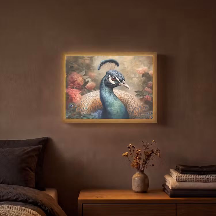 Pauw - Vogel - Bloemen - Planten - Pauwenveren Light Box met batterij (Wandlamp) middel -sfeer4