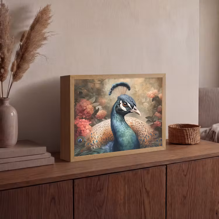Pauw - Vogel - Bloemen - Planten - Pauwenveren Light Box met batterij (Wandlamp) middel -sfeer2