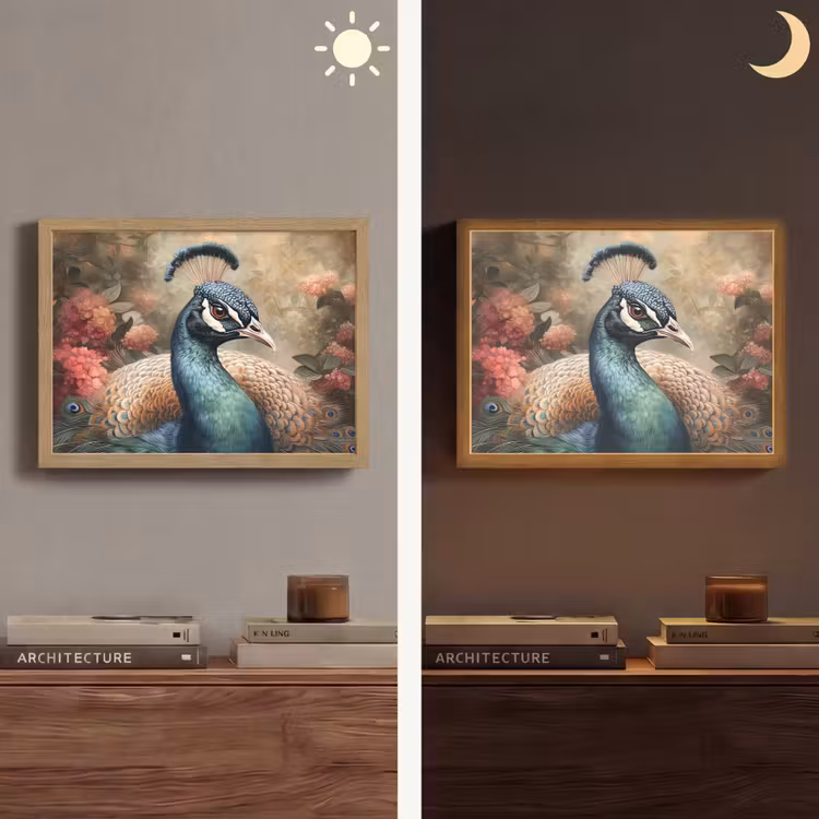 Pauw - Vogel - Bloemen - Planten - Pauwenveren Light Box met batterij (Wandlamp) middel -sfeer3