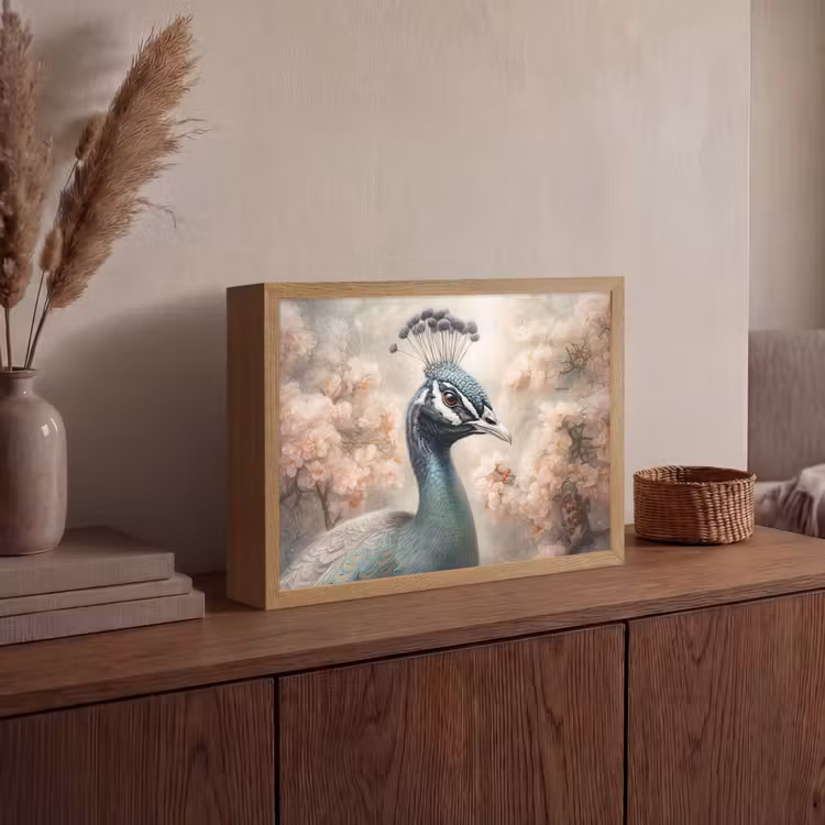 Pauw - Vogels - Bloemen - Boom - Botanisch Light Box met batterij (Wandlamp) middel -sfeer2