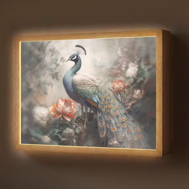 Pauw - Pauwenveren - Vogel - Jungle - Bloemen Light Box met batterij (Wandlamp) middel -z3d_website