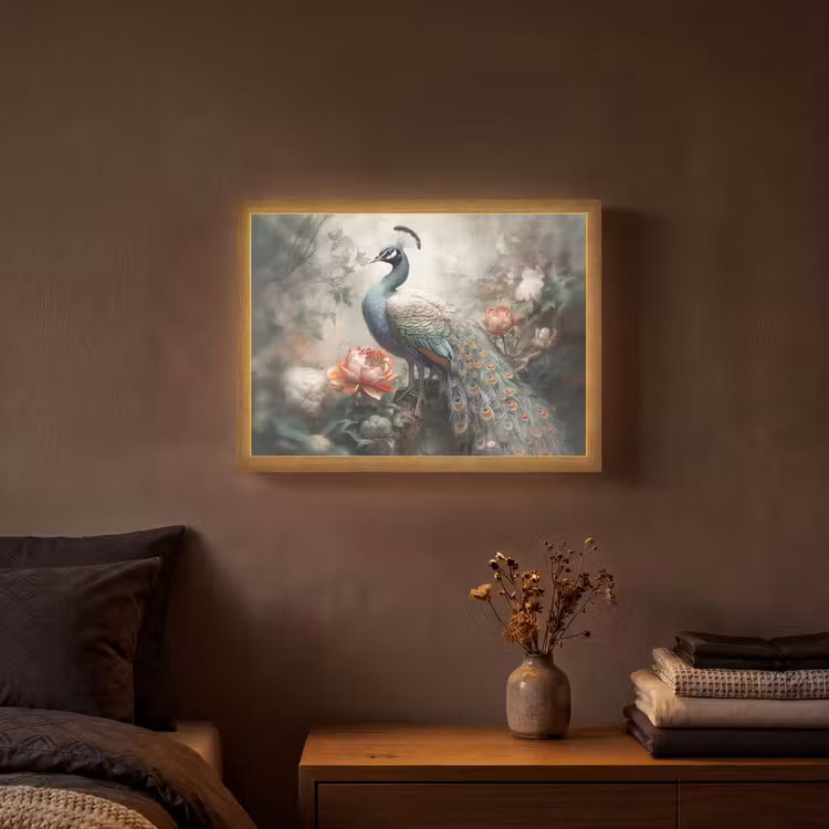 Pauw - Pauwenveren - Vogel - Jungle - Bloemen Light Box met batterij (Wandlamp) middel -sfeer4