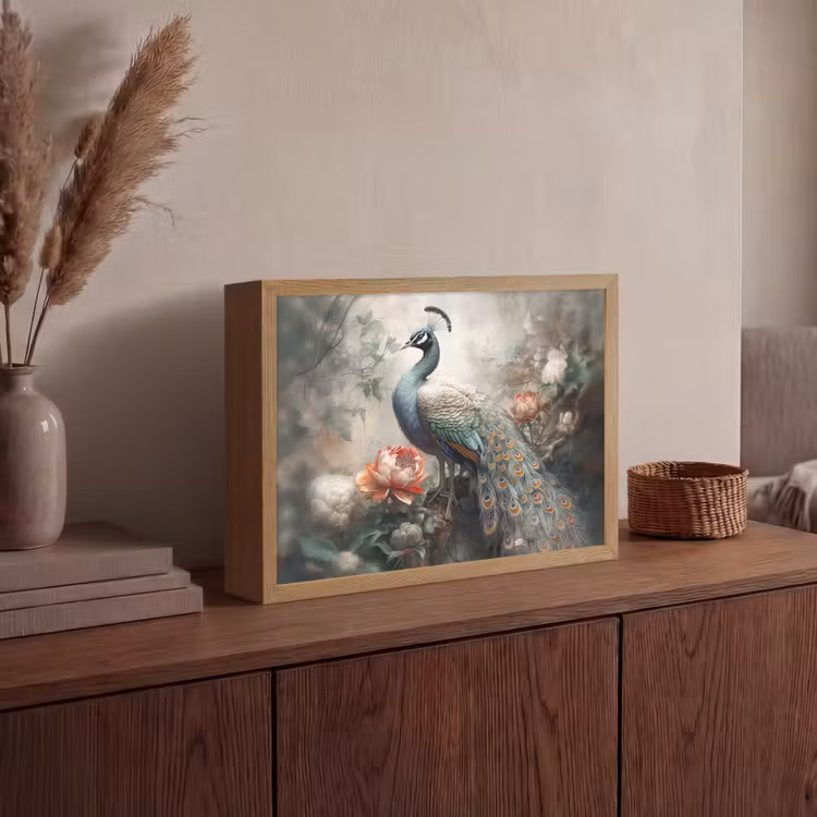 Pauw - Pauwenveren - Vogel - Jungle - Bloemen Light Box met batterij (Wandlamp) middel -sfeer2