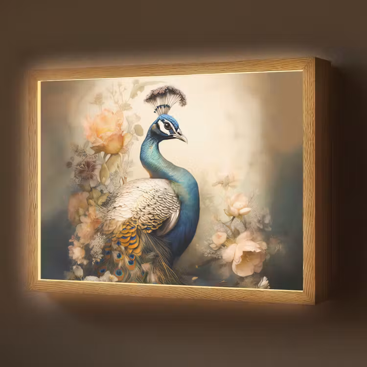 Pauw - Pauwenveren - Bloemen - Vogels - Botanisch Light Box met batterij (Wandlamp) middel -z3d_website