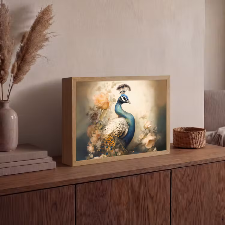 Pauw - Pauwenveren - Bloemen - Vogels - Botanisch Light Box met batterij (Wandlamp) middel -sfeer2