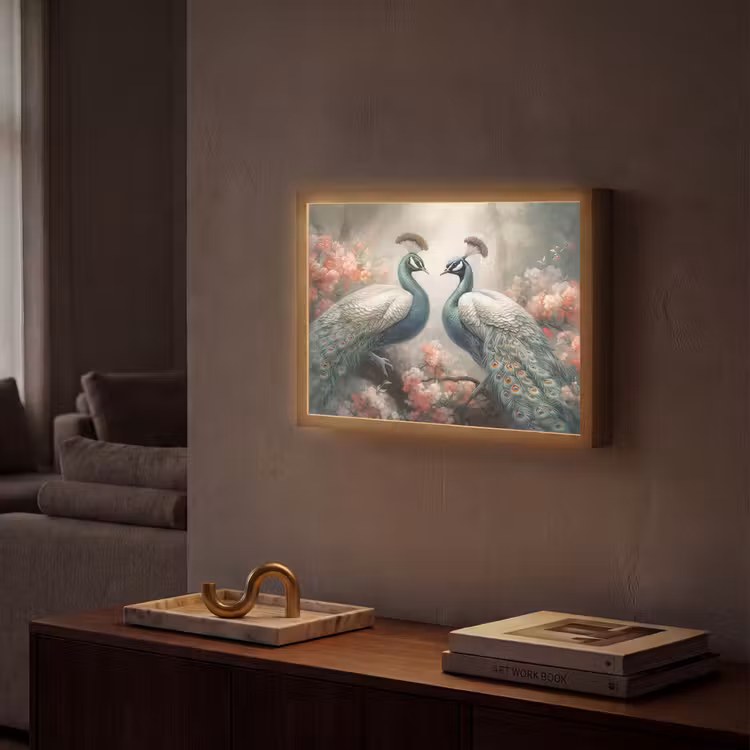 Pauwen - Pauwenveren - Vogels - Bloemen - Natuur Light Box met batterij (Wandlamp) middel -sfeer1