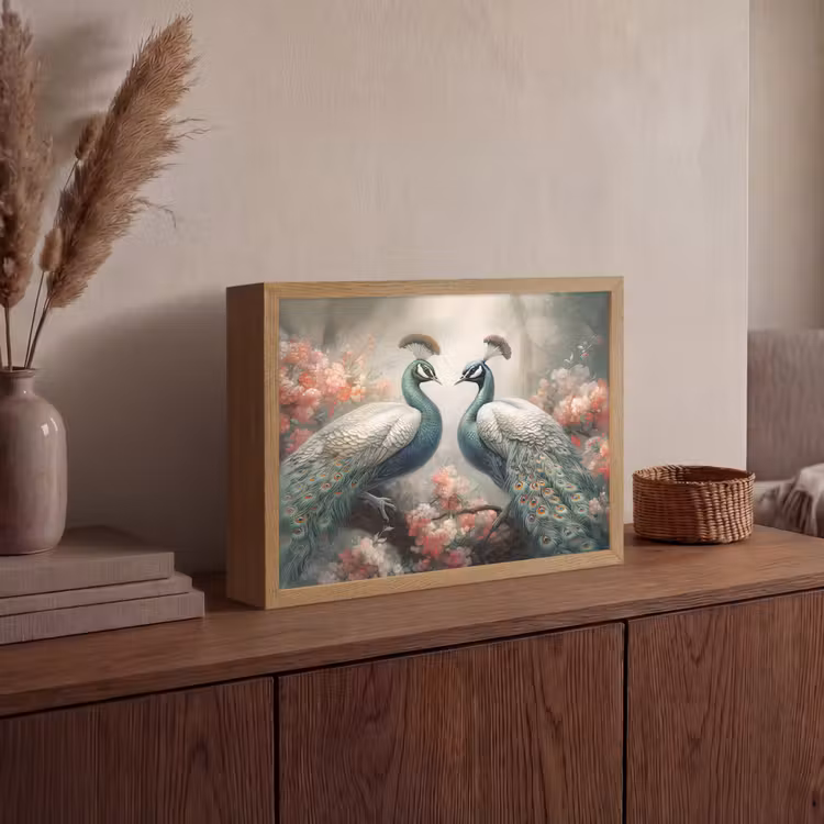 Pauwen - Pauwenveren - Vogels - Bloemen - Natuur Light Box met batterij (Wandlamp) middel -sfeer2