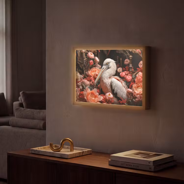 Pelikaan - Dier - Bloemen - Natuur - Botanisch - Roze Light Box met batterij (Wandlamp) middel -sfeer1