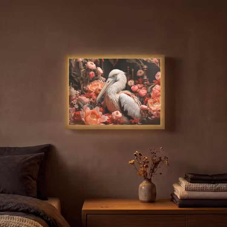 Pelikaan - Dier - Bloemen - Natuur - Botanisch - Roze Light Box met batterij (Wandlamp) middel -sfeer4