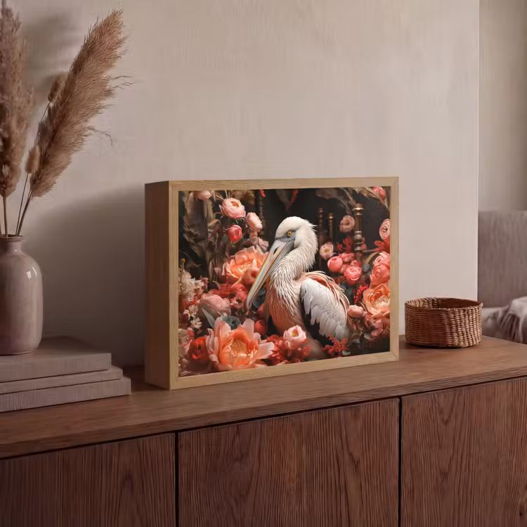 Pelikaan - Dier - Bloemen - Natuur - Botanisch - Roze Light Box met batterij (Wandlamp) middel -sfeer2