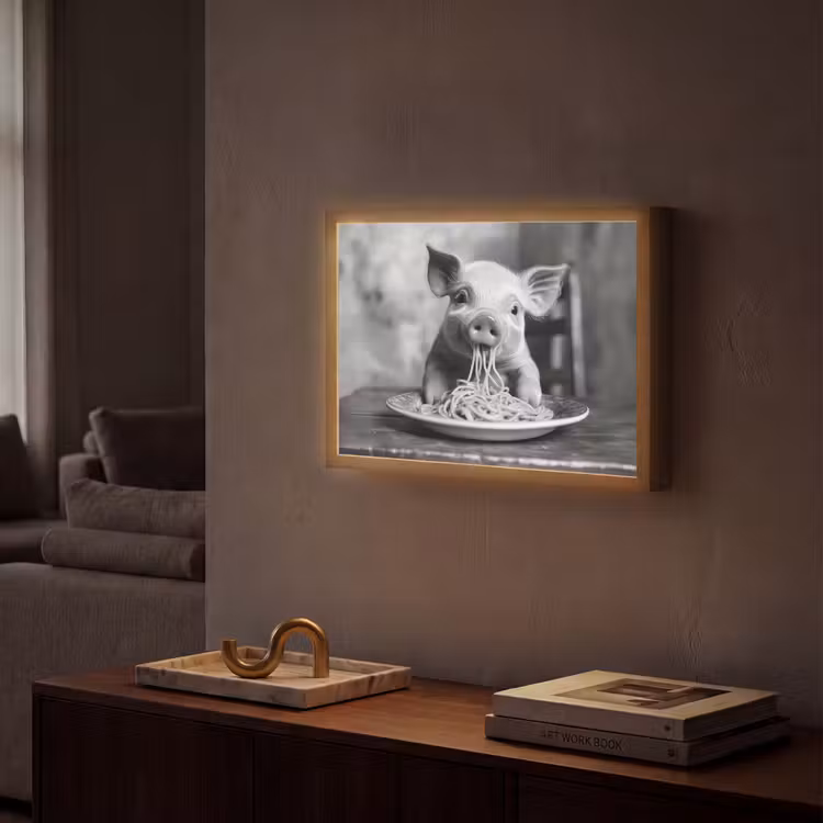 Varken - Schattig - Spaghetti - Zwart wit - Dier Light Box met batterij (Wandlamp) middel -sfeer1