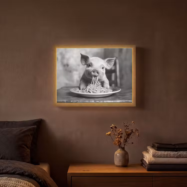 Varken - Schattig - Spaghetti - Zwart wit - Dier Light Box met batterij (Wandlamp) middel -sfeer4