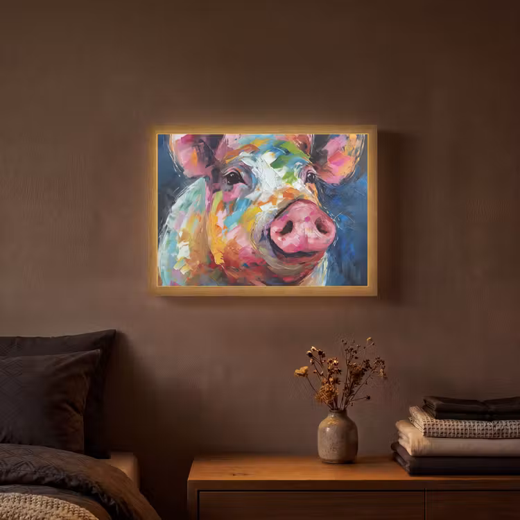 Varken - Olieverf - Dieren - Kunst Light Box met batterij (Wandlamp) middel -sfeer4