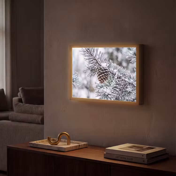 Dennenappel - Tak - Sneeuw - Winter - Sfeervol Light Box met batterij (Wandlamp) middel -sfeer1