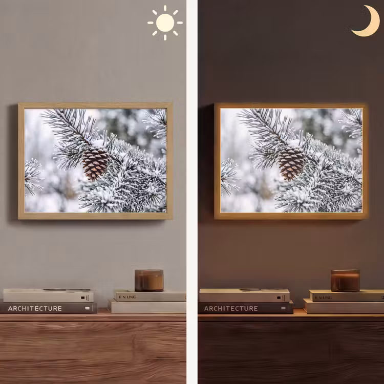 Dennenappel - Tak - Sneeuw - Winter - Sfeervol Light Box met batterij (Wandlamp) middel -sfeer3