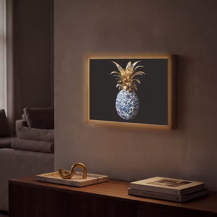 Ananas - Bloemen patroon - Goud - Delftsblauw Light Box met batterij (Wandlamp) middel -sfeer1