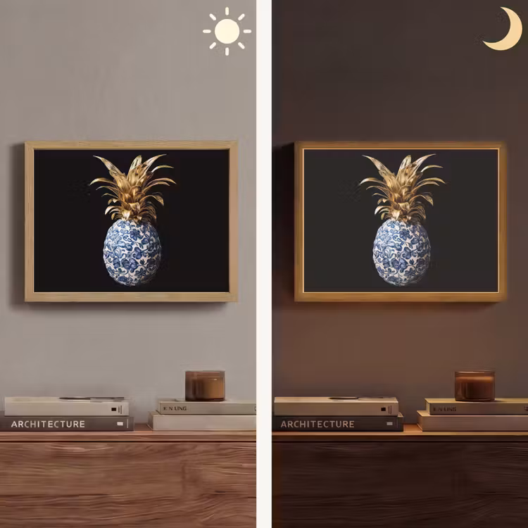 Ananas - Bloemen patroon - Goud - Delftsblauw Light Box met batterij (Wandlamp) middel -sfeer3