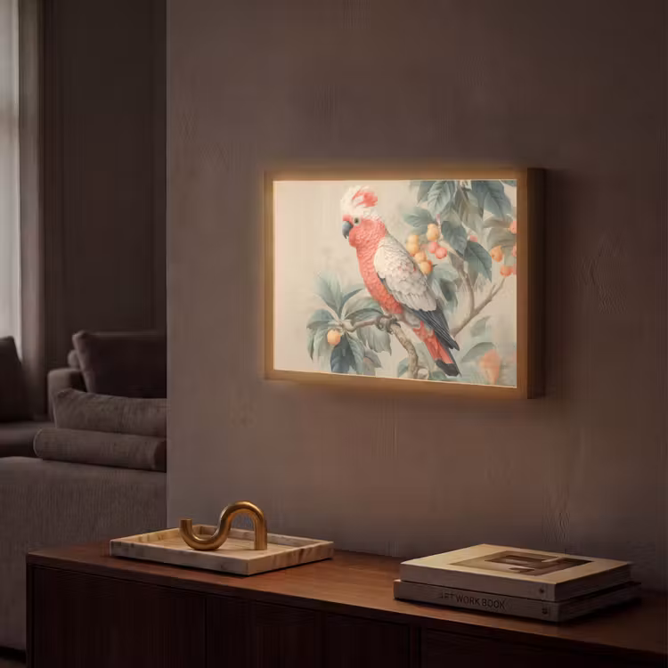 Roze kuifkaketoe - Tak met vruchten - Bladeren Light Box met batterij (Wandlamp) middel -sfeer1
