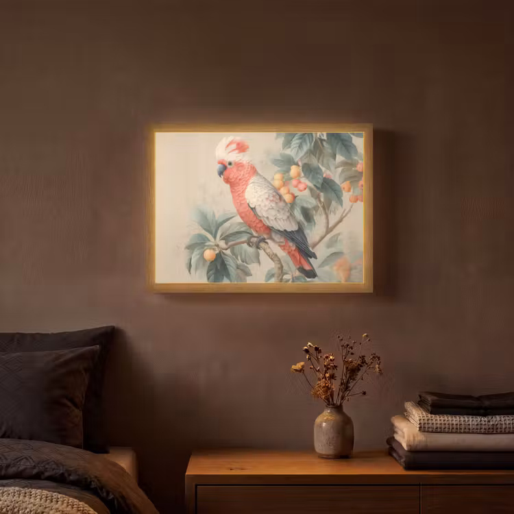 Roze kuifkaketoe - Tak met vruchten - Bladeren Light Box met batterij (Wandlamp) middel -sfeer4