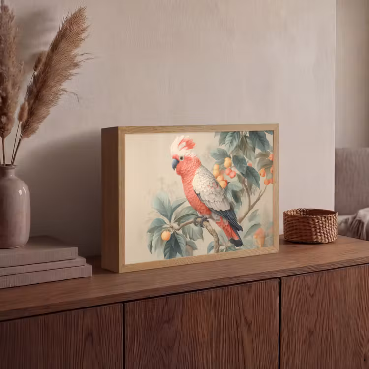 Roze kuifkaketoe - Tak met vruchten - Bladeren Light Box met batterij (Wandlamp) middel -sfeer2
