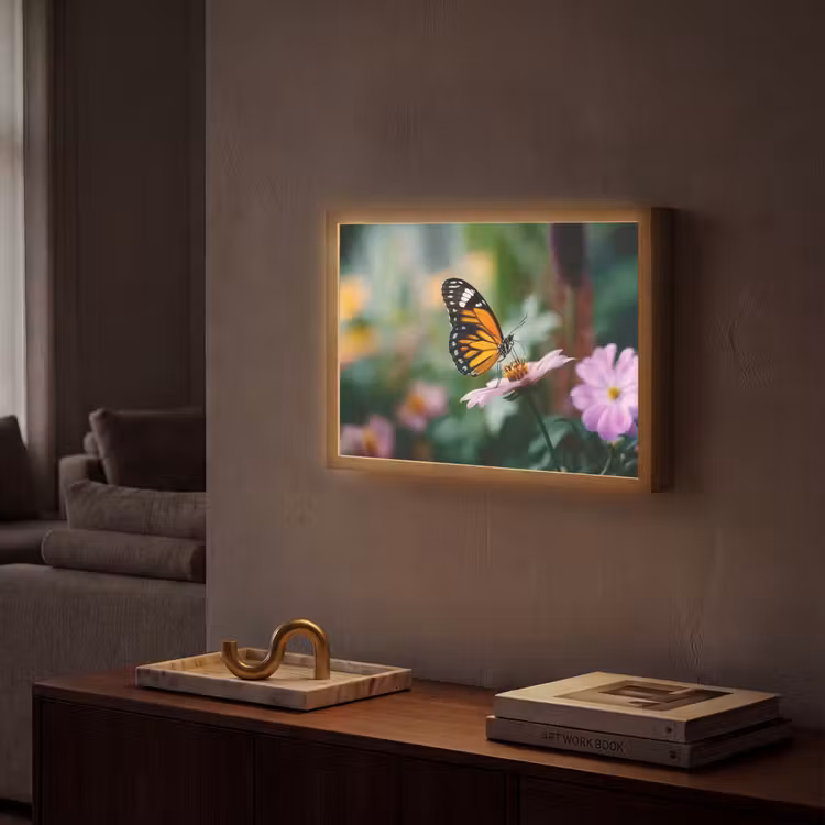 Roze bloemen - Vlinder - Zachte focus Light Box met batterij (Wandlamp) middel -sfeer1