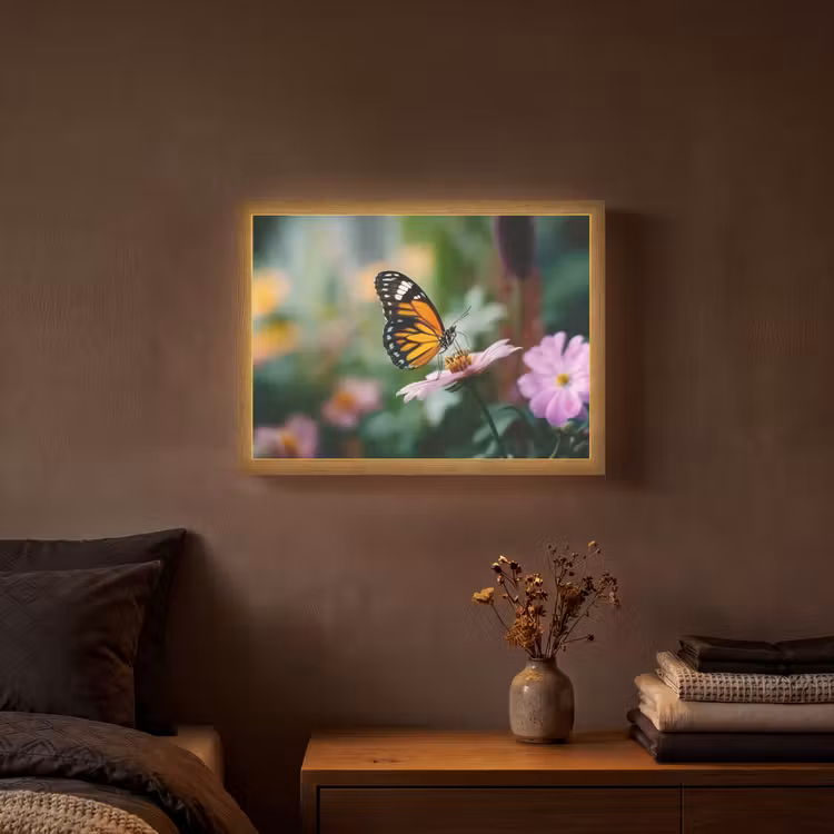 Roze bloemen - Vlinder - Zachte focus Light Box met batterij (Wandlamp) middel -sfeer4
