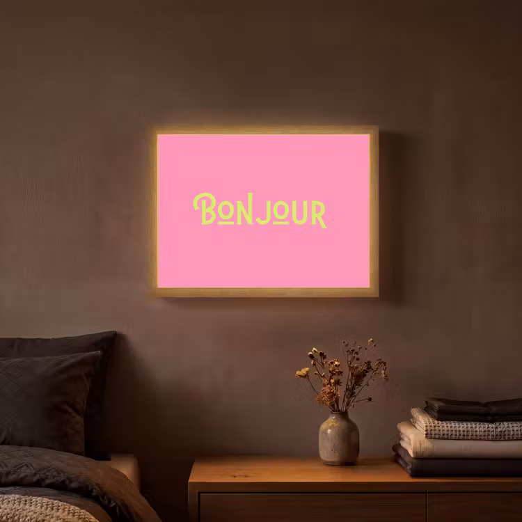 Roze - Groene Bonjour - art-deco Light Box met batterij (Wandlamp) middel -sfeer4