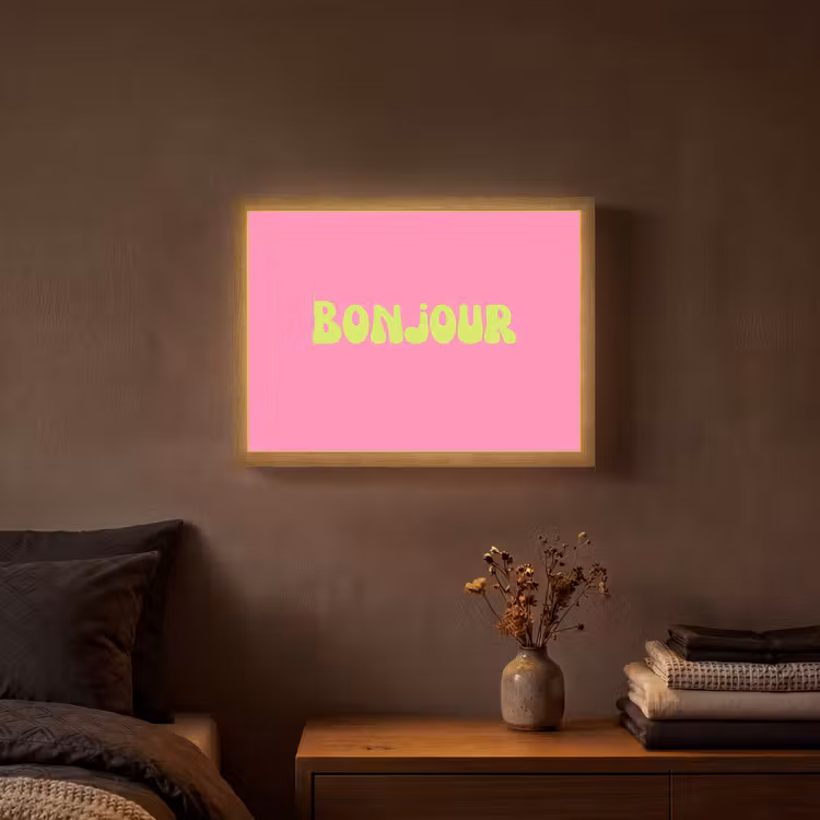 Roze - Groene bonjour - Organisch Light Box met batterij (Wandlamp) middel -sfeer4