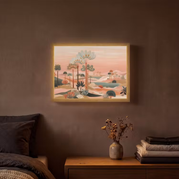 Roze landschap - Palmen - Water Light Box met batterij (Wandlamp) middel -sfeer4