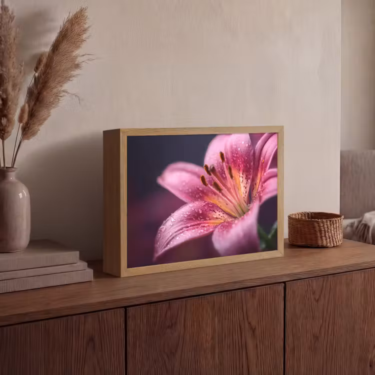 Roze - lelie - Dauwdruppels Light Box met batterij (Wandlamp) middel -sfeer2