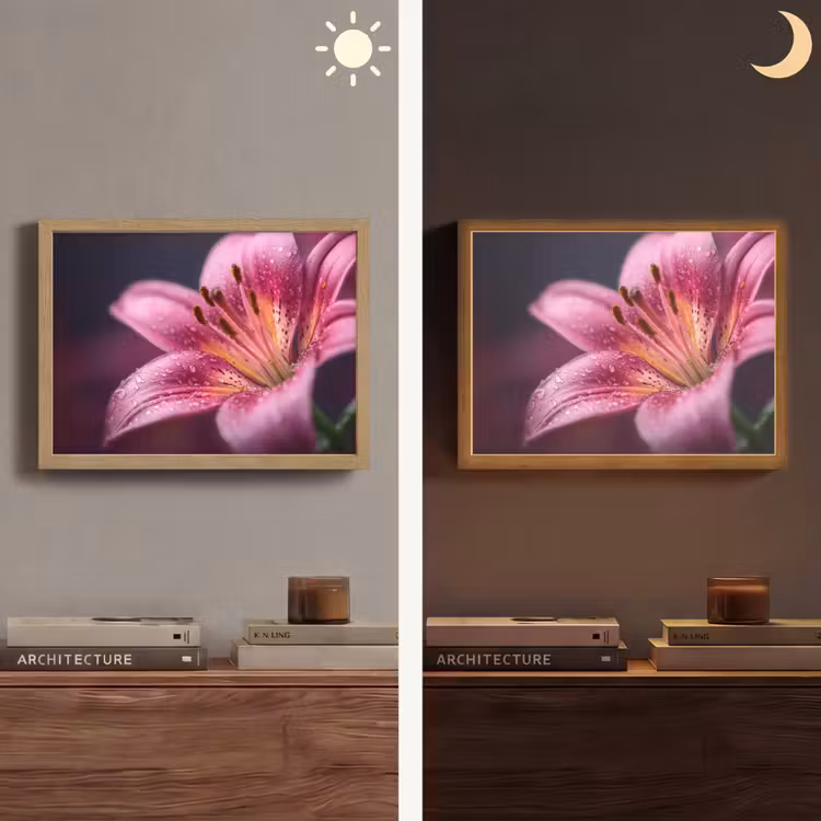 Roze - lelie - Dauwdruppels Light Box met batterij (Wandlamp) middel -sfeer3