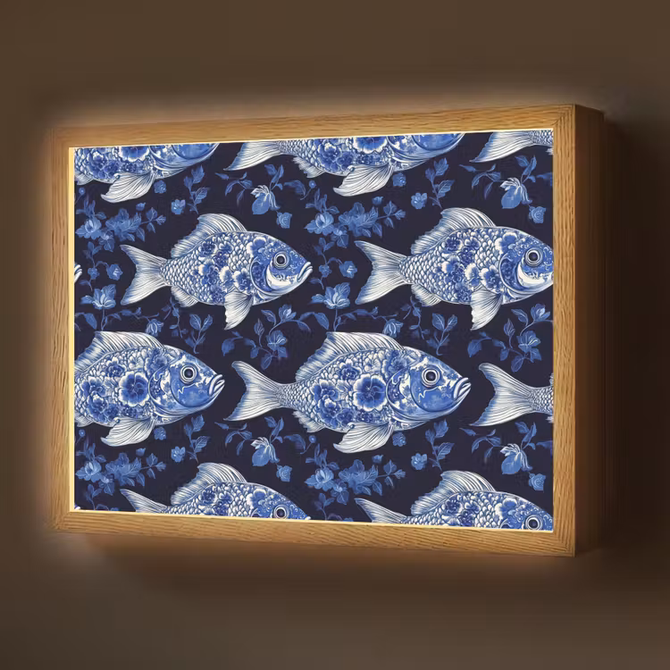 Vissen - Bloemen - Blauw Light Box met batterij (Wandlamp) middel 907 -z3d_website