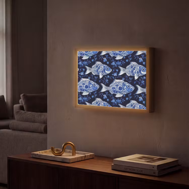 Vissen - Bloemen - Blauw Light Box met batterij (Wandlamp) middel 907 -sfeer1