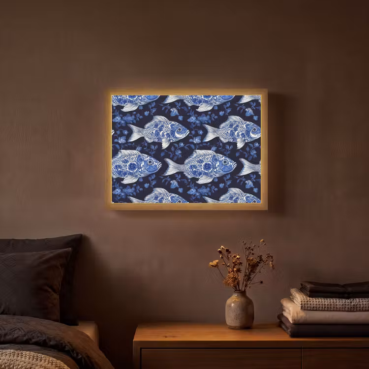 Vissen - Bloemen - Blauw Light Box met batterij (Wandlamp) middel 907 -sfeer4