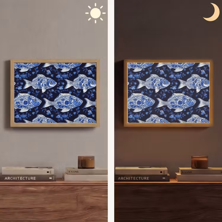 Vissen - Bloemen - Blauw Light Box met batterij (Wandlamp) middel 907 -sfeer3