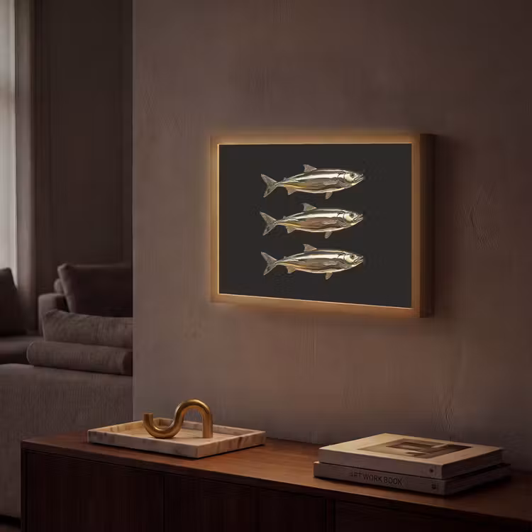Vissen - Goud - Zwart Light Box met batterij (Wandlamp) middel -sfeer1