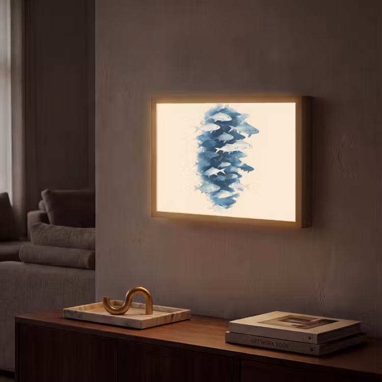 Vissen - Minimalistisch - Blauw Light Box met batterij (Wandlamp) middel -sfeer1